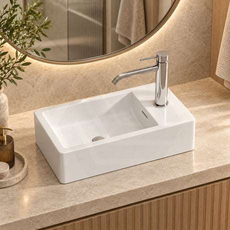 Infinity Rectangle Solid Surface Above Counter Basin with 1 Tap Hole 460x255x120mm - Matt White
