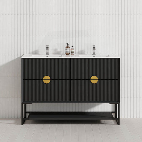 600-1500Mm Kingo Freestanding Plywood Vanity Matt Black Linear Surface Single/Double Bowls Cabinet