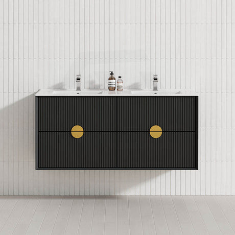 600-1800mm Kingo Wall Hung Plywood Vanity Matt Black Linear Surface Single/Double Bowls Cabinet ONLY for Bathroom