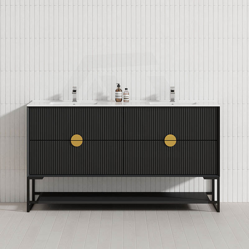 600-1500Mm Kingo Freestanding Plywood Vanity Matt Black Linear Surface Single/Double Bowls Cabinet