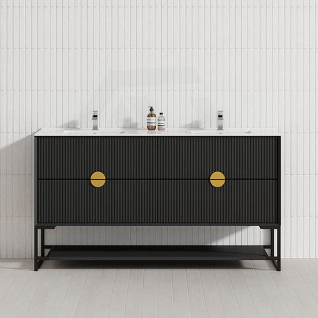 600-1500Mm Kingo Freestanding Plywood Vanity Matt Black Linear Surface Single/Double Bowls Cabinet