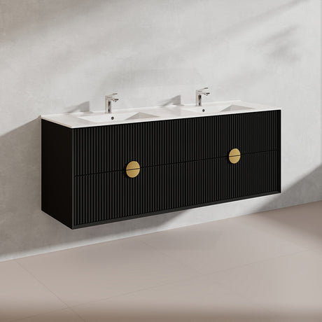 1500mm Kingo Wall Hung Plywood Vanity Matt White/Black Linear Surface Finish Single/Double Bowls Cabinet ONLY for Bathroom