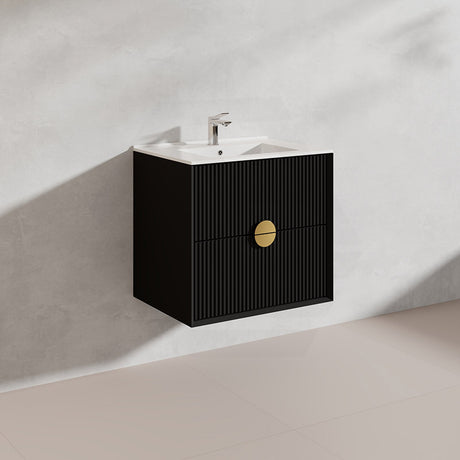 600mm Kingo Wall Hung Plywood Vanity Matt White/Black Linear Surface Finish Single Bowl Cabinet ONLY for Bathroom