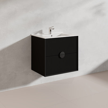 600mm Kingo Wall Hung Plywood Vanity Matt White/Black Linear Surface Finish Single Bowl Cabinet ONLY for Bathroom