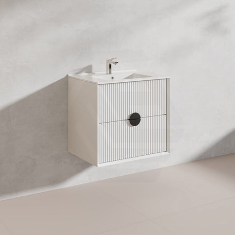 600mm Kingo Wall Hung Plywood Vanity Matt White/Black Linear Surface Finish Single Bowl Cabinet ONLY for Bathroom