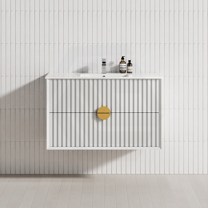 Kingo 900mm White Linear Surface Wall Hung Vanity with Gold Handle