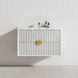 Kingo 900mm White Linear Surface Wall Hung Vanity with Gold Handle
