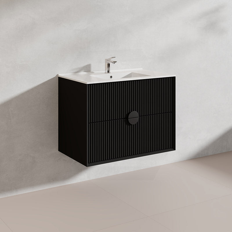 750mm Kingo Wall Hung Plywood Vanity Matt White/Black Linear Surface Finish Single Bowl Cabinet ONLY for Bathroom