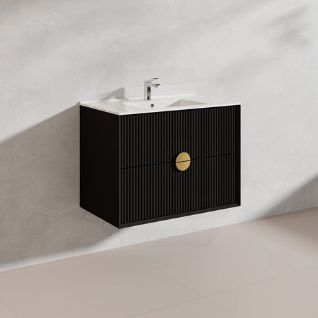 750mm Kingo Wall Hung Plywood Vanity Matt White/Black Linear Surface Finish Single Bowl Cabinet ONLY for Bathroom