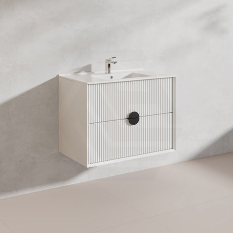 750mm Kingo Wall Hung Plywood Vanity Matt White/Black Linear Surface Finish Single Bowl Cabinet ONLY for Bathroom