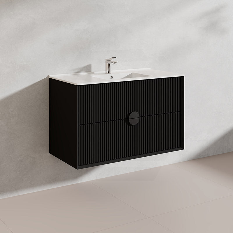 900mm Kingo Wall Hung Plywood Vanity Matt White/Black Linear Surface Finish Single Bowl Cabinet ONLY for Bathroom