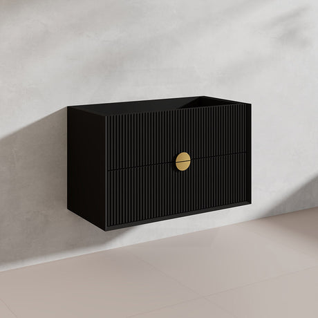 900mm Kingo Wall Hung Plywood Vanity Matt White/Black Linear Surface Finish Single Bowl Cabinet ONLY for Bathroom