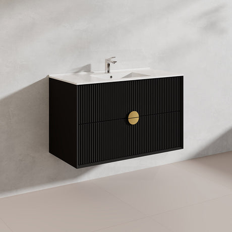 900mm Kingo Wall Hung Plywood Vanity Matt White/Black Linear Surface Finish Single Bowl Cabinet ONLY for Bathroom