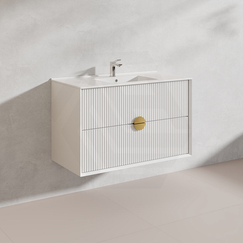 900mm Kingo Wall Hung Plywood Vanity Matt White/Black Linear Surface Finish Single Bowl Cabinet ONLY for Bathroom
