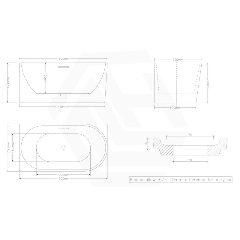 1300/1400/1485/1680mm Left / Right Corner Bathtub Acrylic Gloss / Matt White Overflow Available