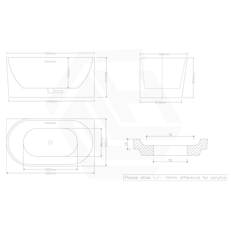 1300/1400/1485/1680mm Left / Right Corner Bathtub Acrylic Gloss / Matt White Overflow Available