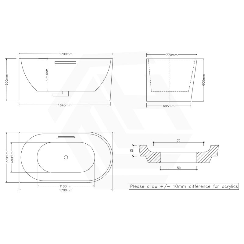 1300/1400/1485/1680mm Left / Right Corner Bathtub Acrylic Gloss / Matt White Overflow Available