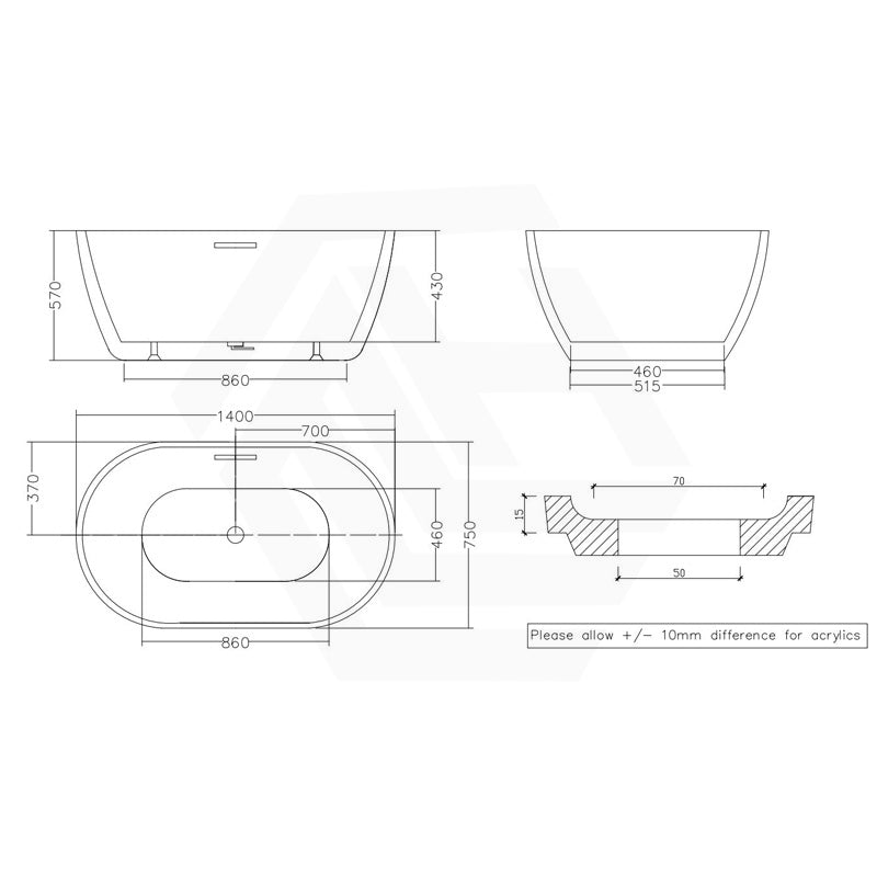 1300/1400/1530/1690mm Moah Oval Freestanding Bathtub Acrylic Overflow & Variant Colour Available