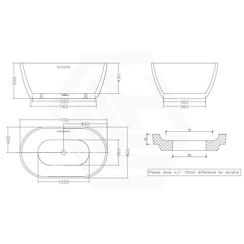 1300/1400/1530/1690mm Moah Oval Freestanding Bathtub Acrylic Overflow & Variant Colour Available