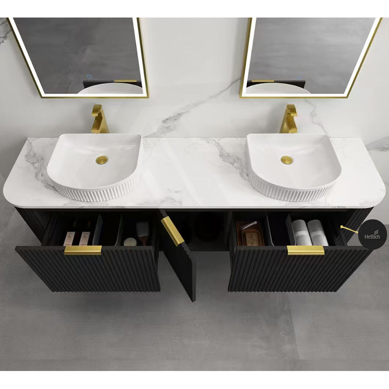RIO 600-1800mm Bathroom Linear Surface Vanity Wall Hung Single/Double Bowl Plywood Black Cabinet ONLY & Stone Top Available