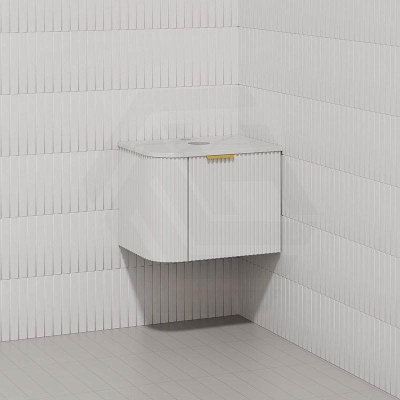 RIO 600mm Bathroom Linear Surface Corner Vanity Wall Hung Plywood Semi-Matt White with Stone Top