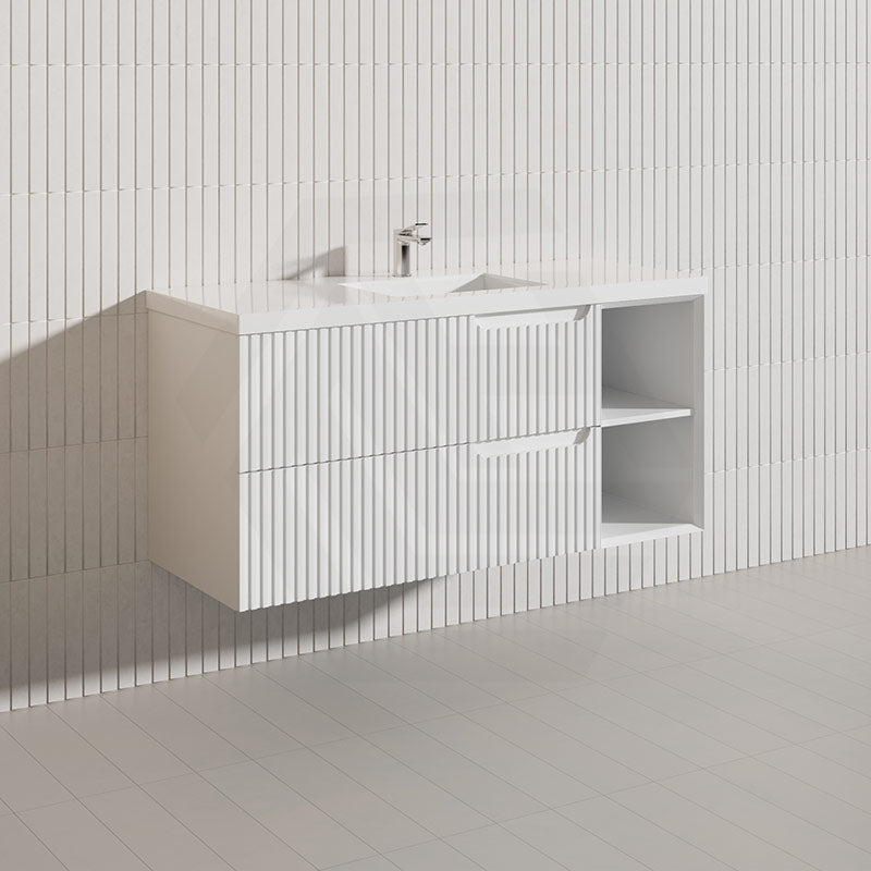 1200mm SERSI Plywood Single Bowl Wall Hung Vanity Linear Surface Drawers Shelves Matt White Cabinet ONLY & Ceramic/Poly Top Available