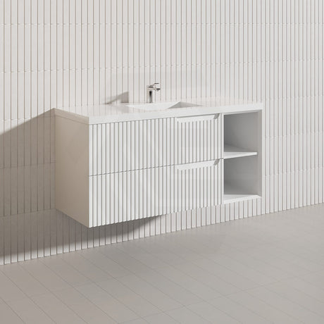 1200mm SERSI Plywood Single Bowl Wall Hung Vanity Linear Surface Drawers Shelves Matt White Cabinet ONLY & Ceramic/Poly Top Available