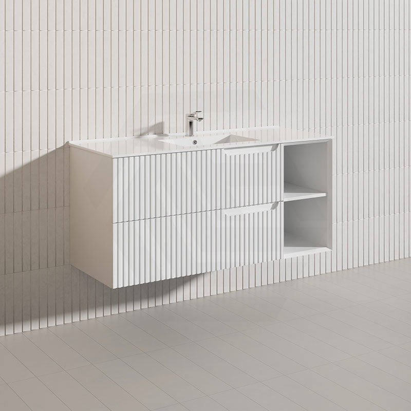 1200mm SERSI Plywood Single Bowl Wall Hung Vanity Linear Surface Drawers Shelves Matt White Cabinet ONLY & Ceramic/Poly Top Available