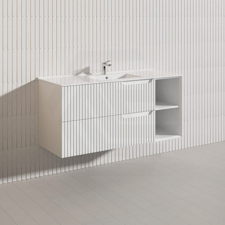 1200mm SERSI Plywood Single Bowl Wall Hung Vanity Linear Surface Drawers Shelves Matt White Cabinet ONLY & Ceramic/Poly Top Available