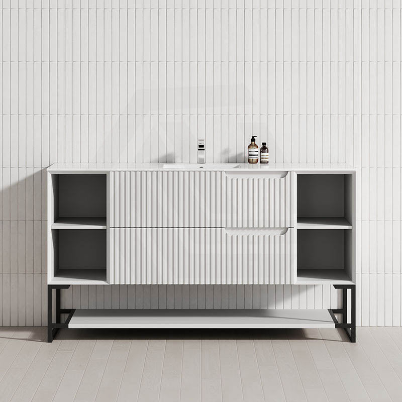 600-1500mm SERSI Freestanding Plywood Vanity Matt White Linear Surface Drawers Shelves Single Bowl Cabinet