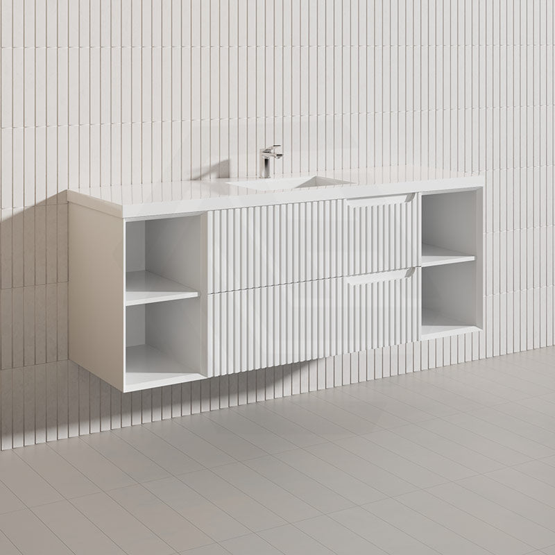 1500mm SERSI Plywood Single Bowl Wall Hung Vanity Linear Surface Drawers Shelves Matt White Cabinet ONLY & Ceramic/Poly Top Available