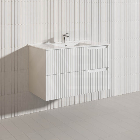 900mm SERSI Plywood Single Bowl Wall Hung Vanity Linear Surface Drawers Matt White Cabinet ONLY & Ceramic/Poly Top Available