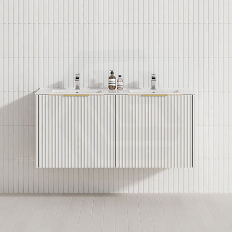 600-1500mm THENA Wall Hung Plywood Vanity Matt White Linear Surface Single/Double Bowls Cabinet ONLY for Bathroom