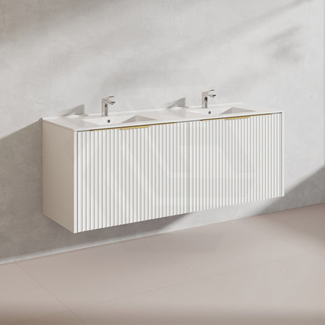 1500mm THENA Wall Hung Plywood Vanity Matt White Linear Surface Single/Double Bowls Cabinet ONLY for Bathroom