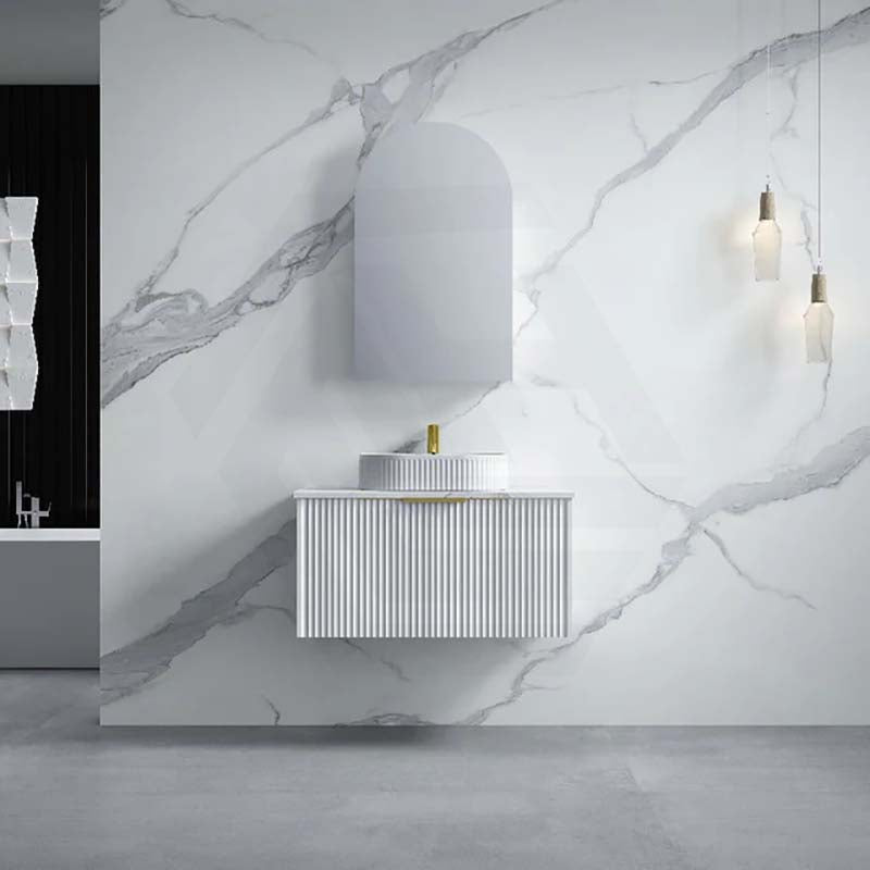 900mm THENA Wall Hung Plywood Vanity Matt White Linear Surface Single Bowl Cabinet ONLY for Bathroom