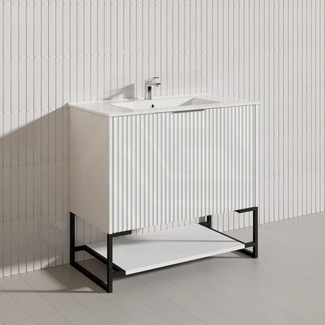 900mm THENA Freestanding Plywood Vanity Matt White Linear Surface Single Bowl Cabinet ONLY for Bathroom