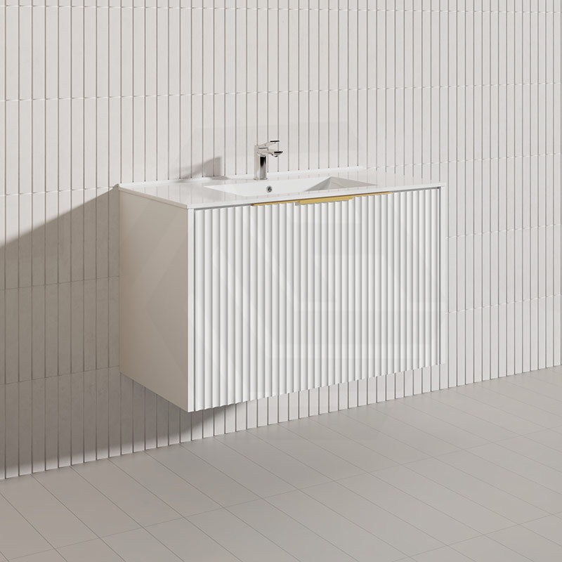 900mm THENA Wall Hung Plywood Vanity Matt White Linear Surface Single Bowl Cabinet ONLY for Bathroom