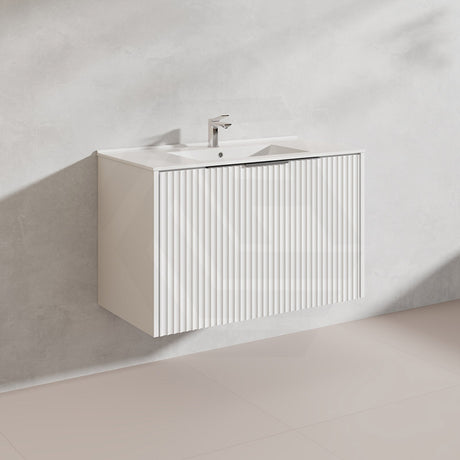 900mm THENA Wall Hung Plywood Vanity Matt White Linear Surface Single Bowl Cabinet ONLY for Bathroom