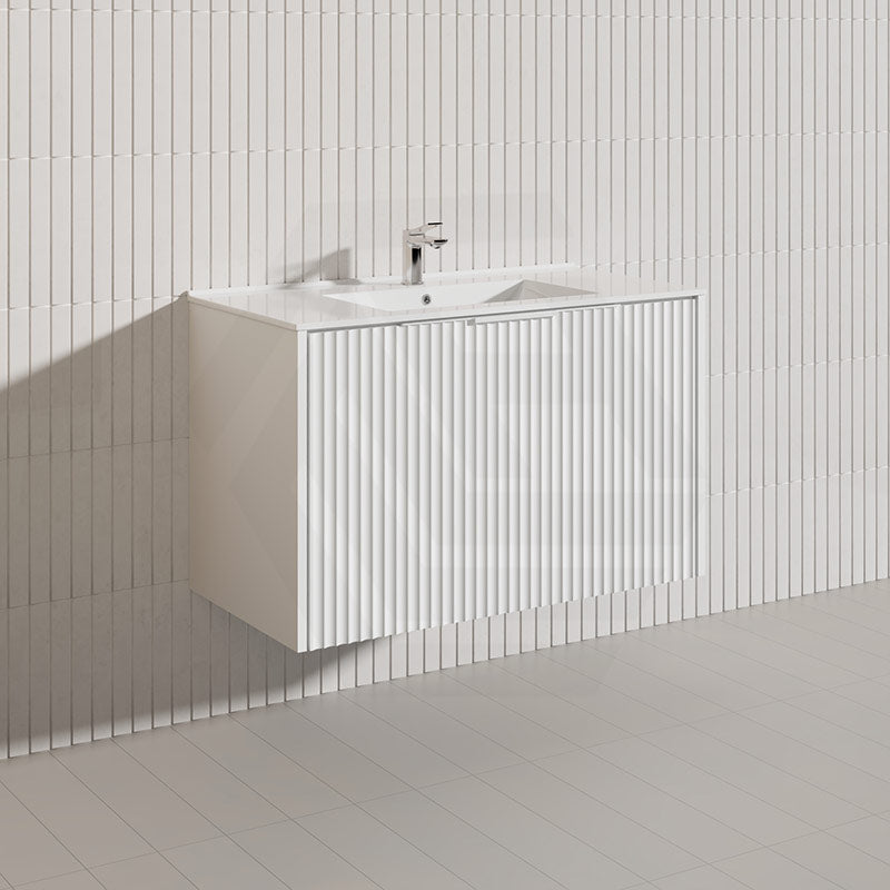 900mm THENA Wall Hung Plywood Vanity Matt White Linear Surface Single Bowl Cabinet ONLY for Bathroom