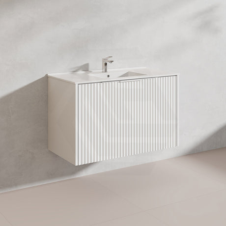 900mm THENA Wall Hung Plywood Vanity Matt White Linear Surface Single Bowl Cabinet ONLY for Bathroom