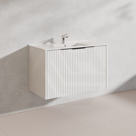900mm THENA Wall Hung Plywood Vanity Matt White Linear Surface Single Bowl Cabinet ONLY for Bathroom