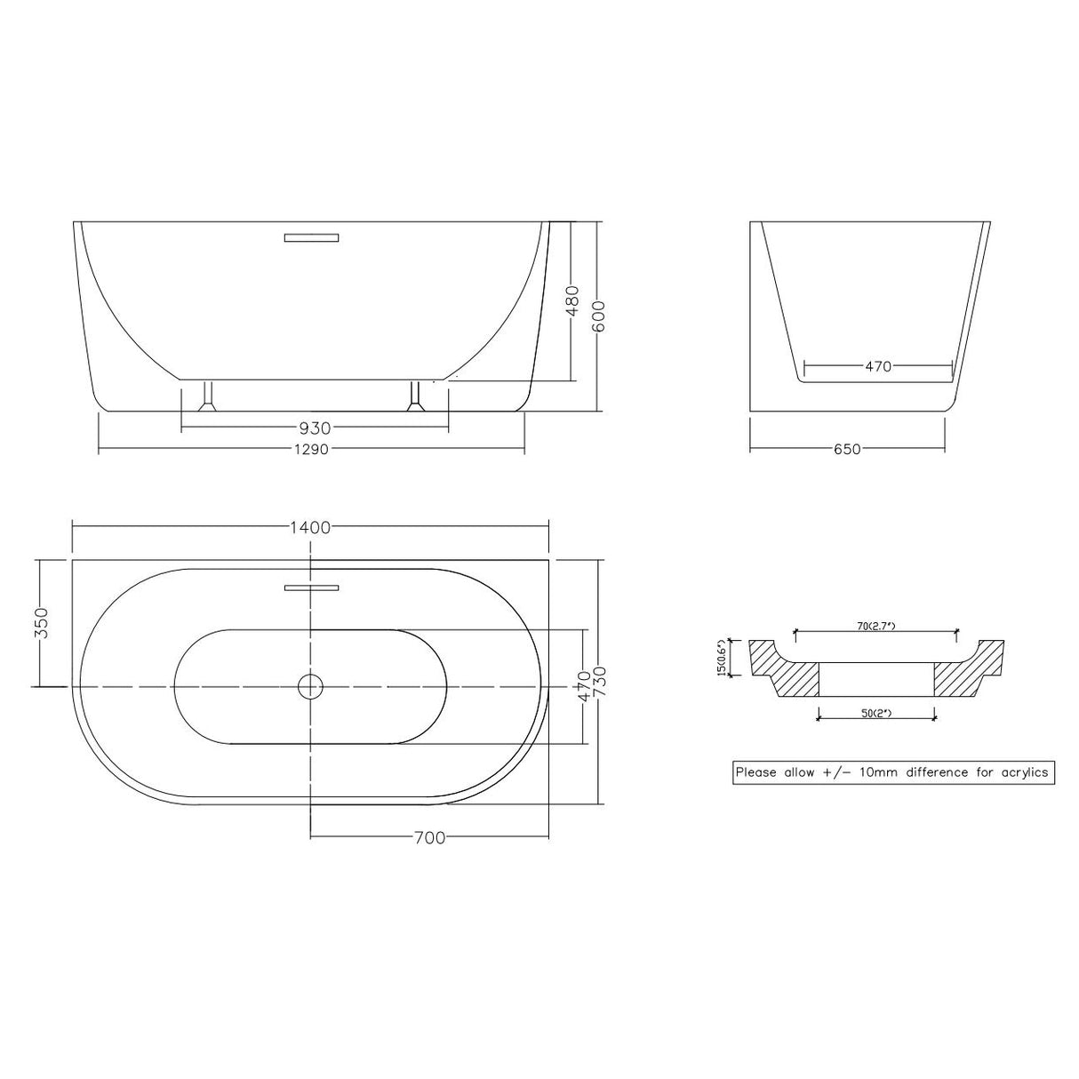 1300/1400/1500/1700mm Infinity Venus Back to Wall Bathtub with Overflow Acrylic Matt/Gloss White