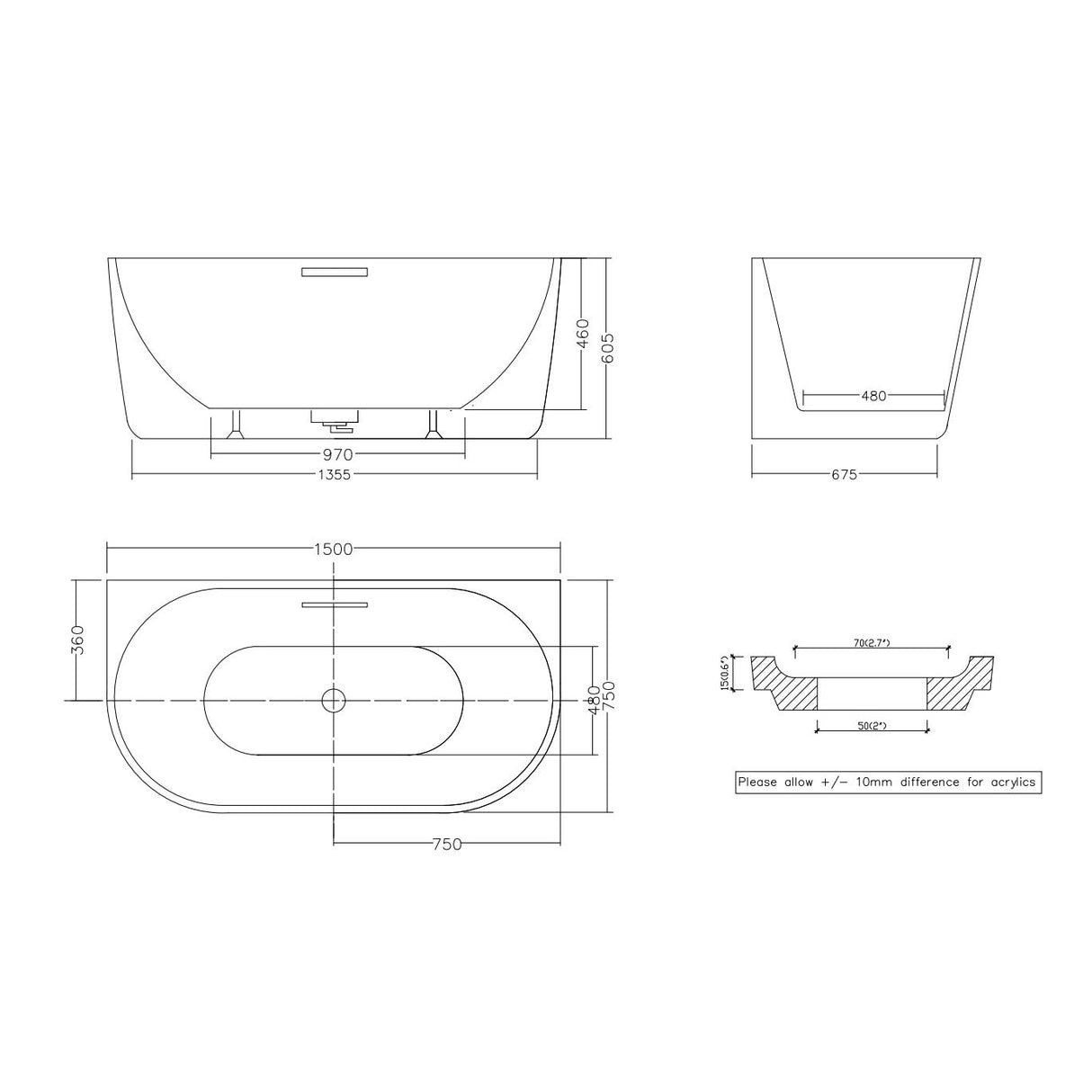 1300/1400/1500/1700mm Infinity Venus Back to Wall Bathtub with Overflow Acrylic Matt/Gloss White