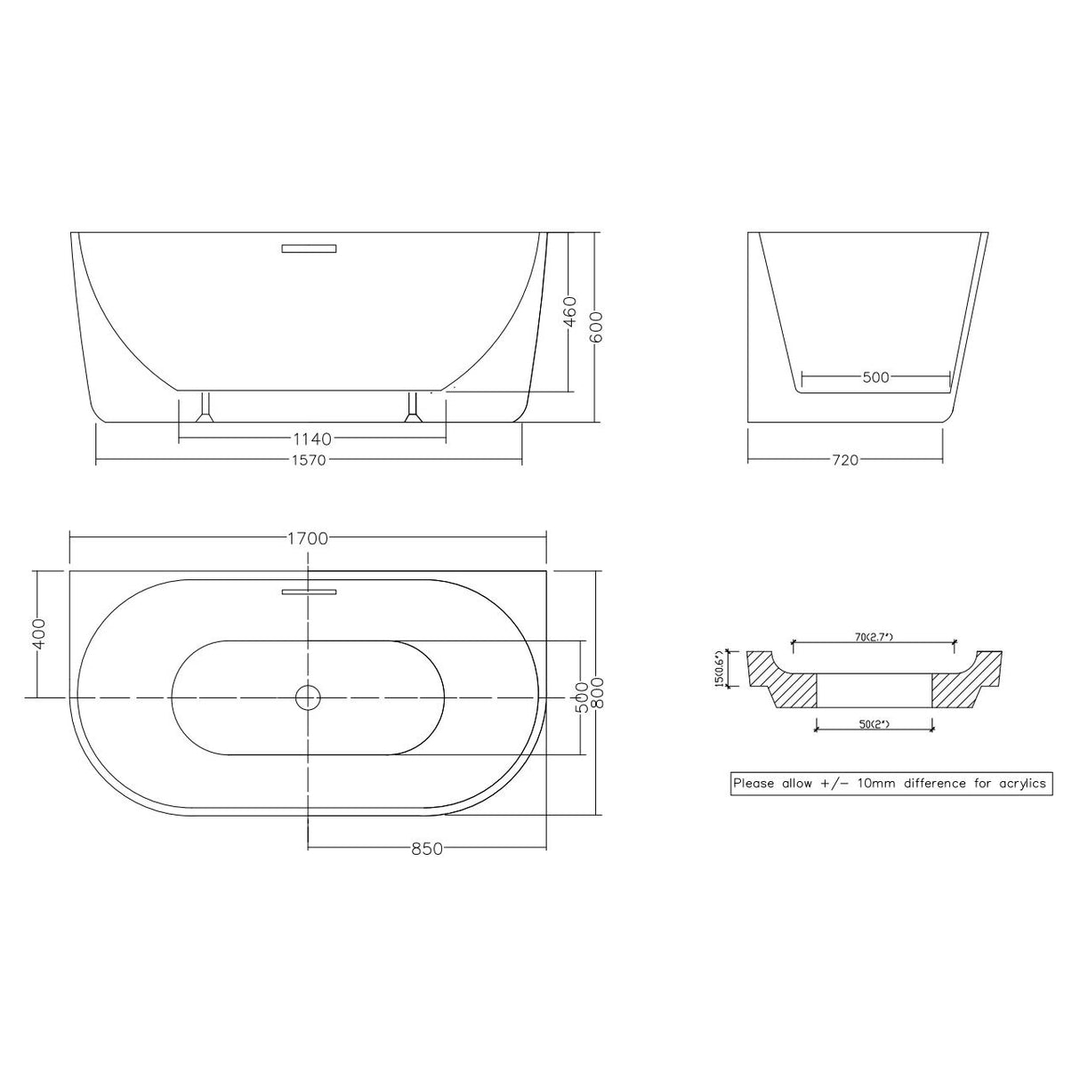 1300/1400/1500/1700mm Infinity Venus Back to Wall Bathtub with Overflow Acrylic Matt/Gloss White