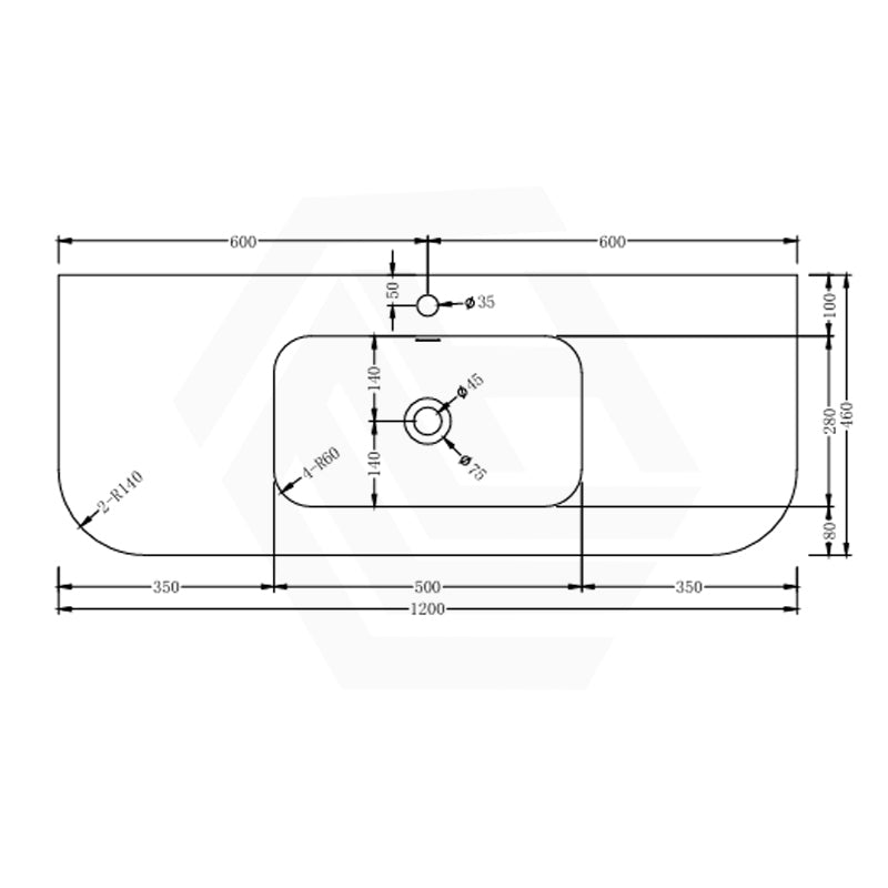1200mm Curved Edge Solid Surface Vanity Top