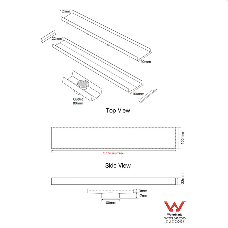 Joemo MICA 100-3000mm Stainless Steel 316 Custom Cut Tile Insert Channel Drain