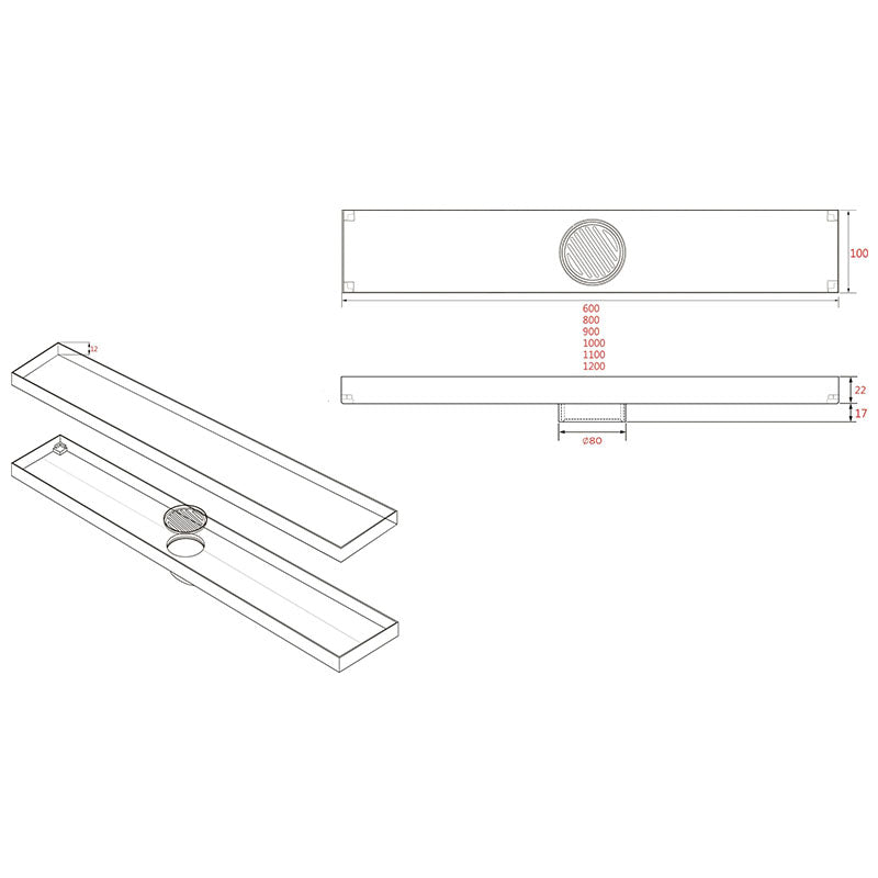 Joemo MICA 600-1200mm Stainless Steel 316 Tile Insert Linear Drain Indoor/Outdoor