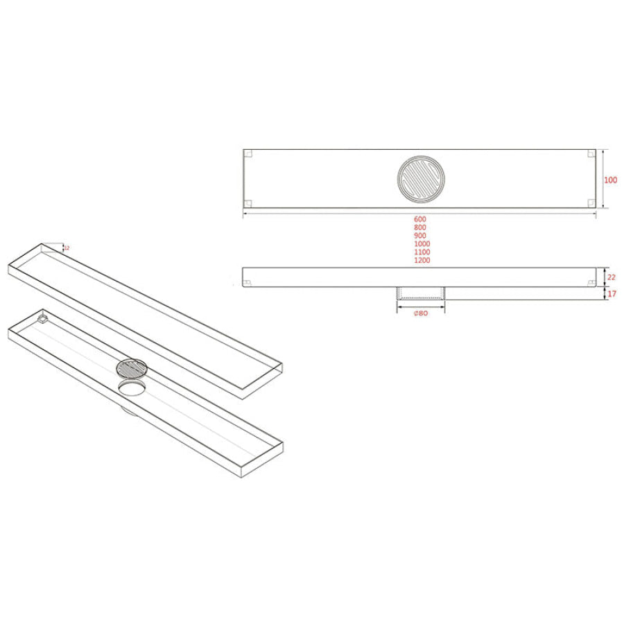 Joemo MICA 600-1200mm Stainless Steel 316 Tile Insert Linear Drain Indoor/Outdoor