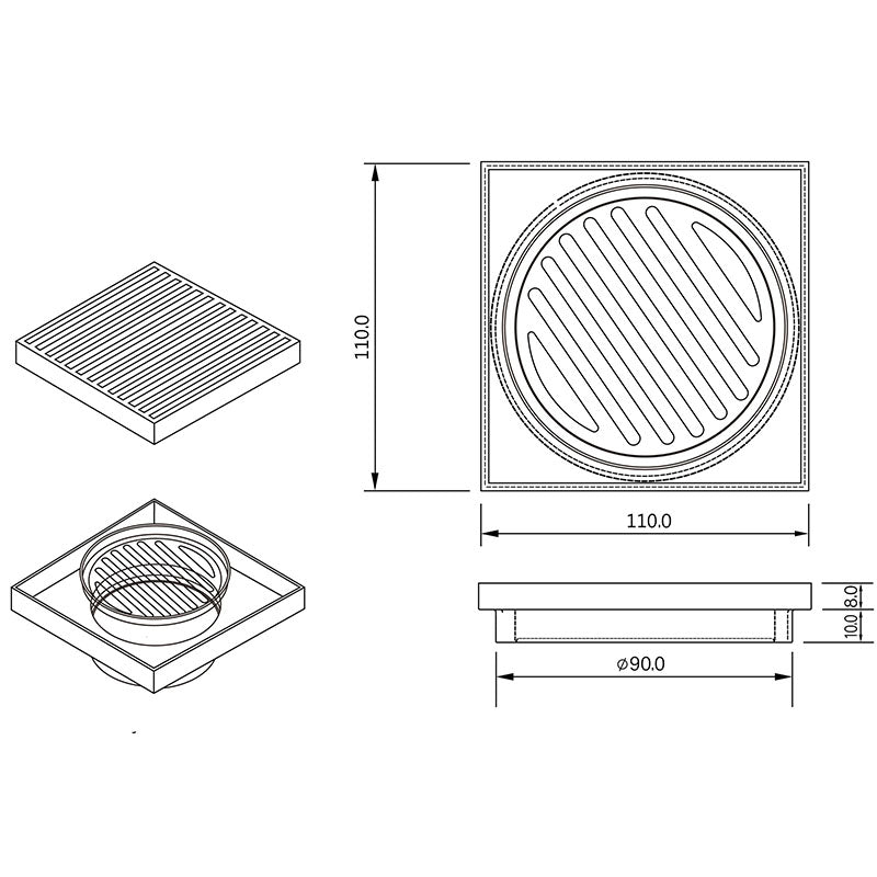 Joemo Mila 110mm x 110mm Square Stainless Steel 316 Linear Floor Grate 90mm Outlet Variant Colour Available
