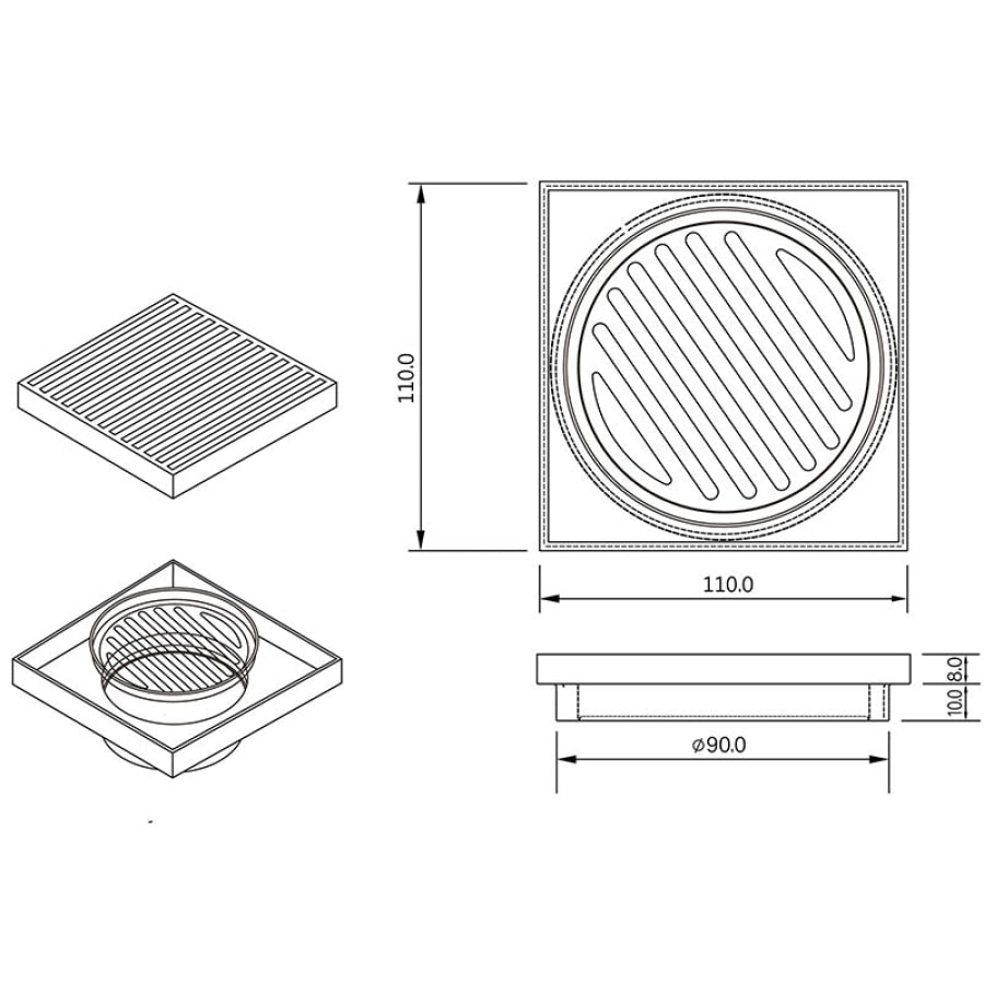 Joemo Mila 110mm x 110mm Square Stainless Steel 316 Linear Floor Grate 90mm Outlet Variant Colour Available